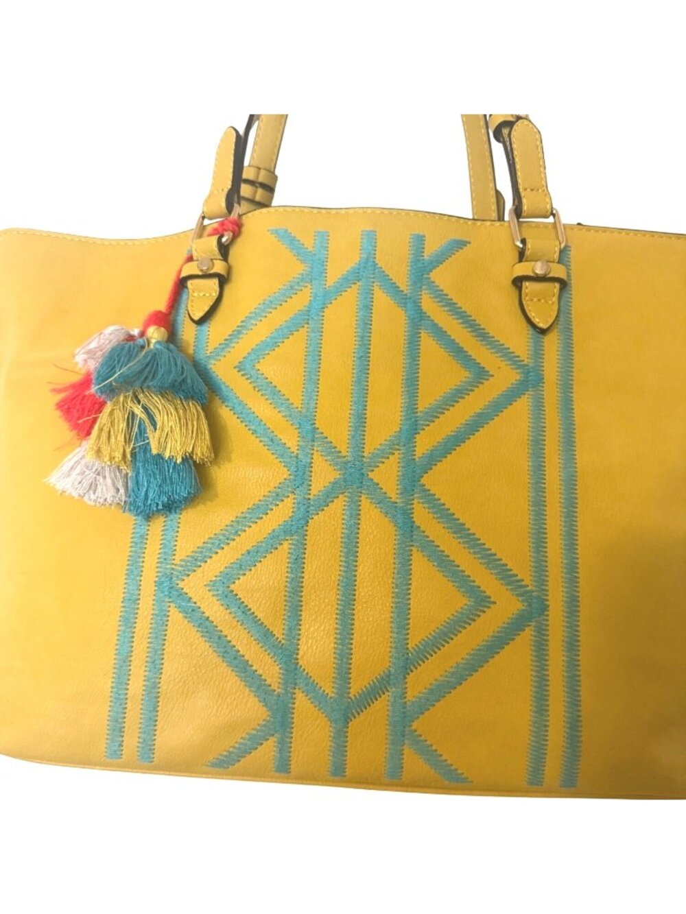 Kate Landry Bright Yellow Tote Bag Turquoise Embroidery Gorgeous Tribal Vibe - Picture 2 of 10